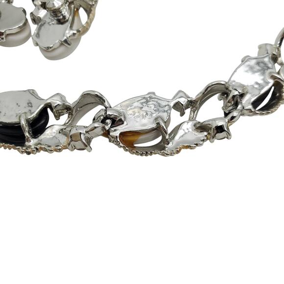 Black White Necklace Bracelet Clip Earrings AB Rhinestone Thermoset Acrylic - Picture 6 of 11